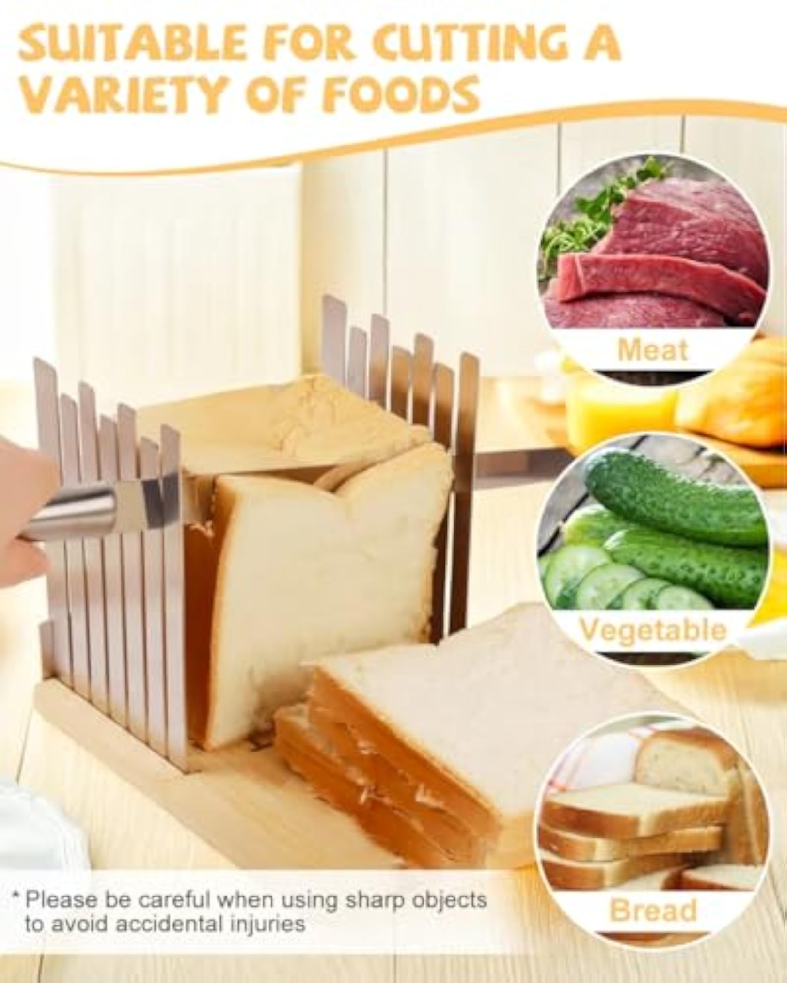 Adjustable Stainless Steel Bread Slicer with Bamboo Cutting Board